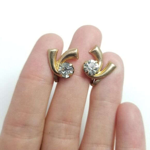 Vintage Retro Rhinestone Gold Tone Clip On Earrings Screw Backs, Minimal Sparkle - Picture 1 of 6